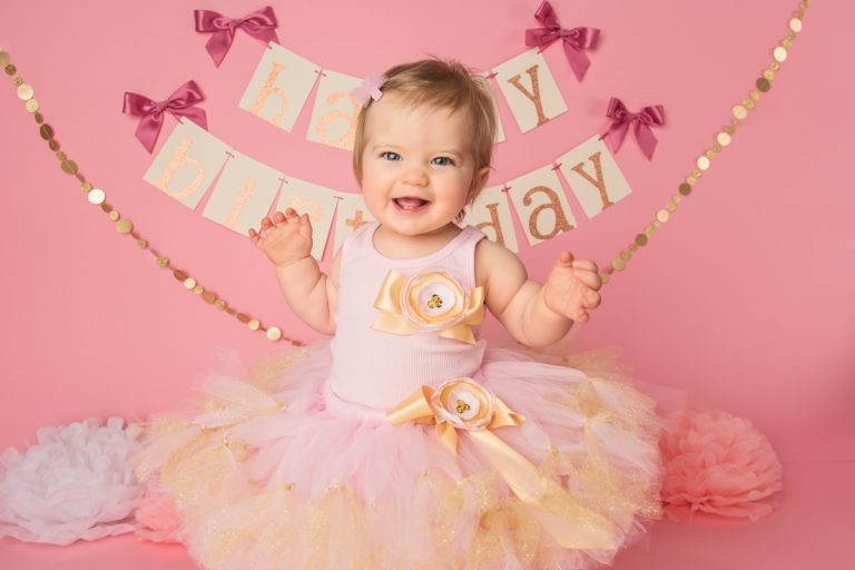 pink and gold first birthday photo session in NJ portrait studio
