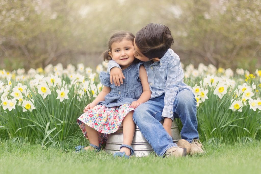 Two preschool-aged siblings sit in daffodil field; brother kisses sister’s cheek with arm around her during spring session.