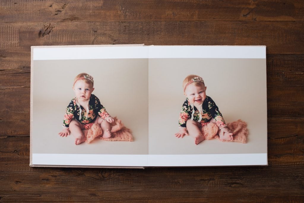 album spread showing two images of a sitting baby.